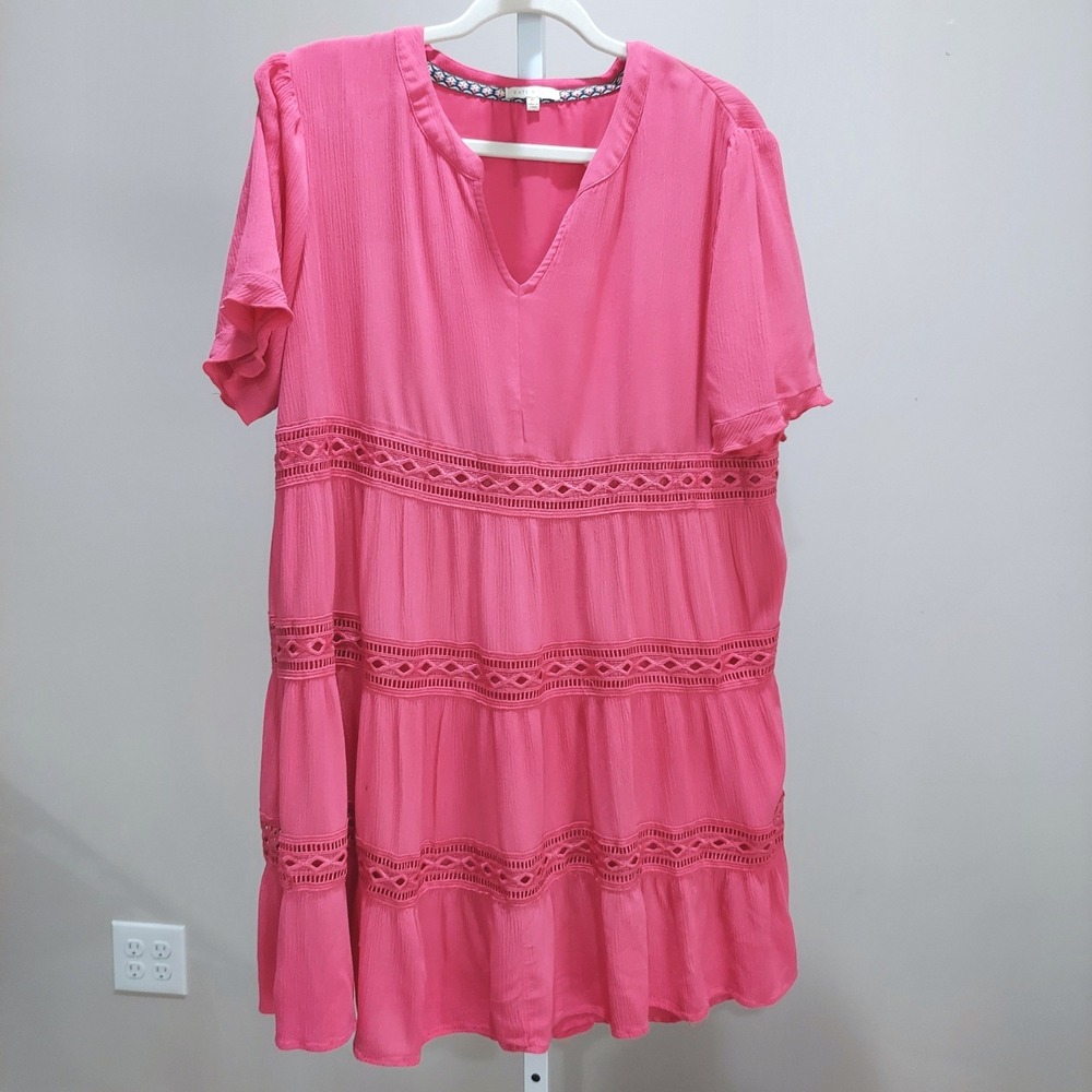 Kate & Sam Womens Hot Pink Tiered Crochet Lace V-Neck Mini Dress XL